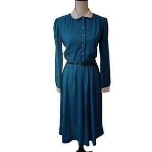 VTG 1970s Sears Green Dress White Peter Pan Collar Button Size 14M W/Belt #E-23